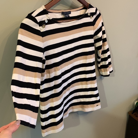 Tommy Hilfiger Striped Scoop Neck with Collar Buttons Long Sleeves Top - Picture 6 of 7